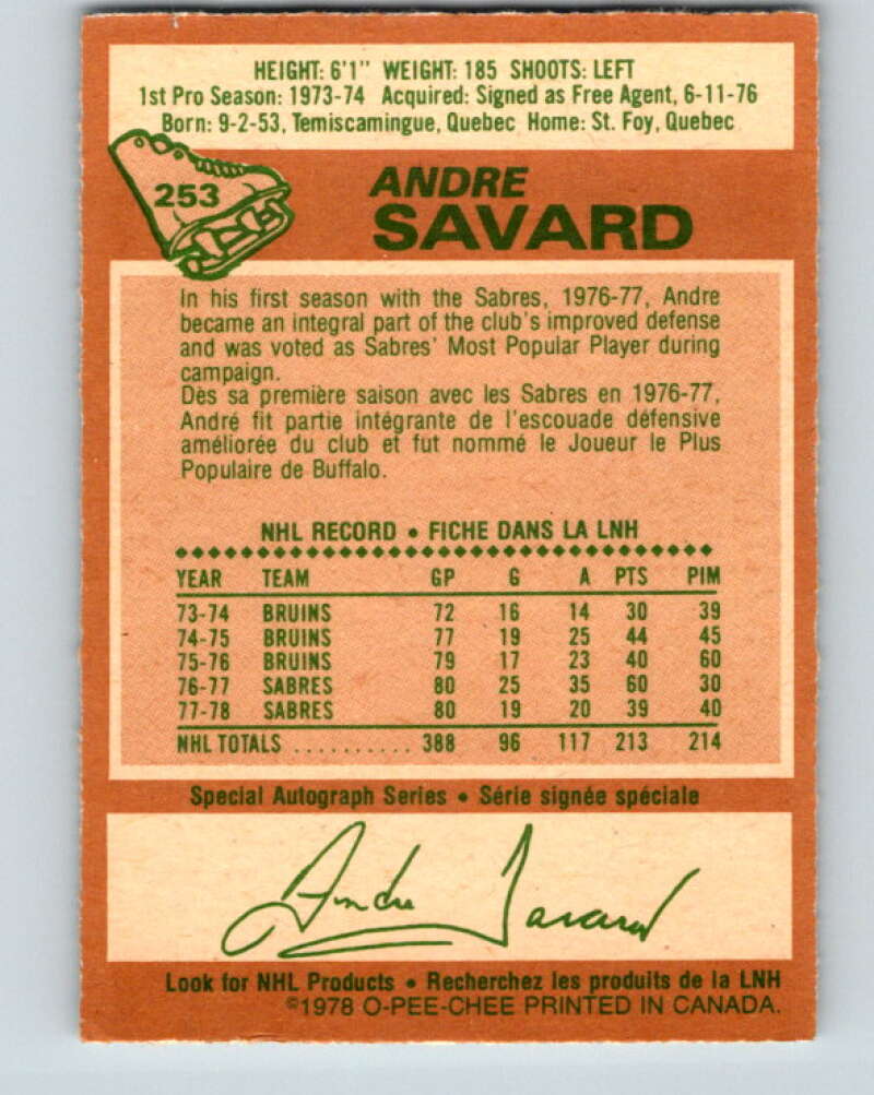 1978-79 O-Pee-Chee #253 Andre Savard  Buffalo Sabres  V24435