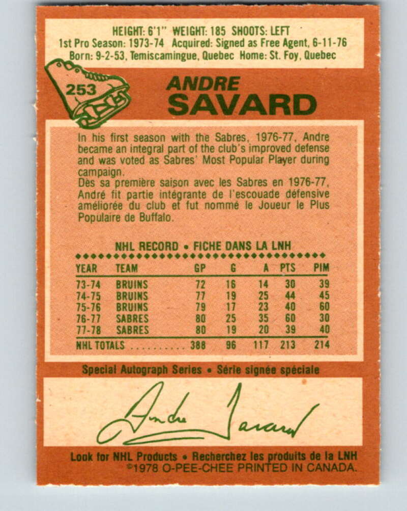 1978-79 O-Pee-Chee #253 Andre Savard  Buffalo Sabres  V24436