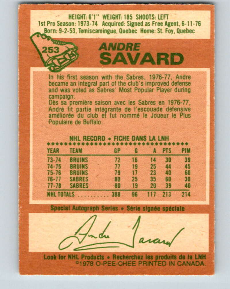 1978-79 O-Pee-Chee #253 Andre Savard  Buffalo Sabres  V24441