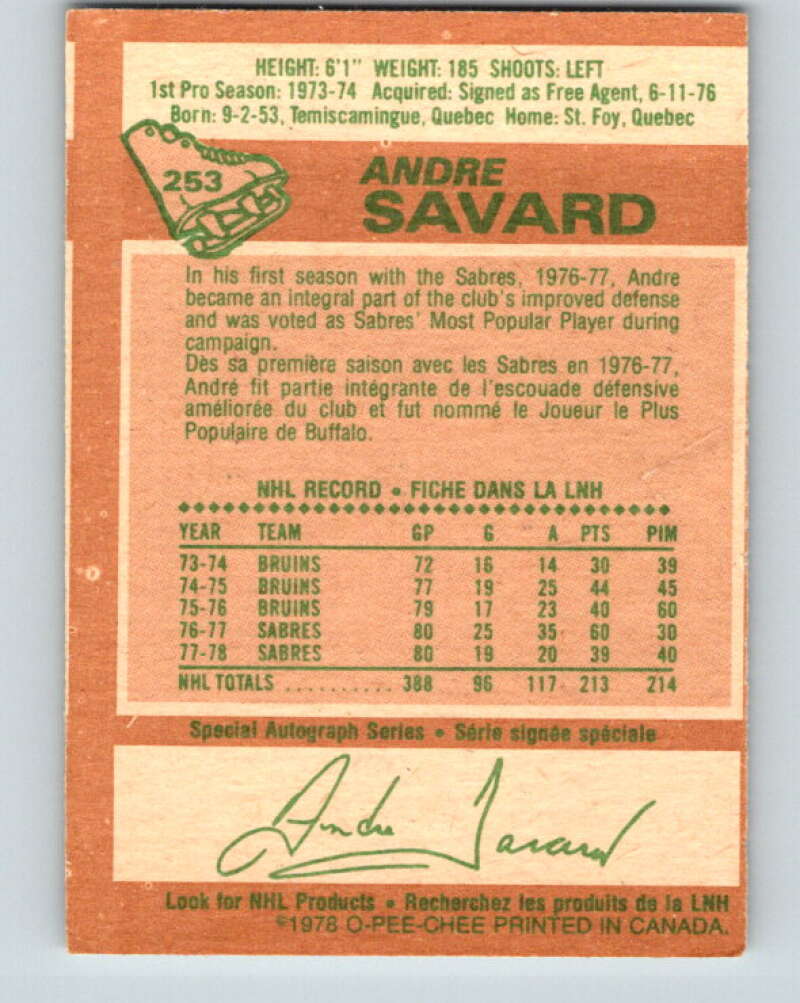 1978-79 O-Pee-Chee #253 Andre Savard  Buffalo Sabres  V24442