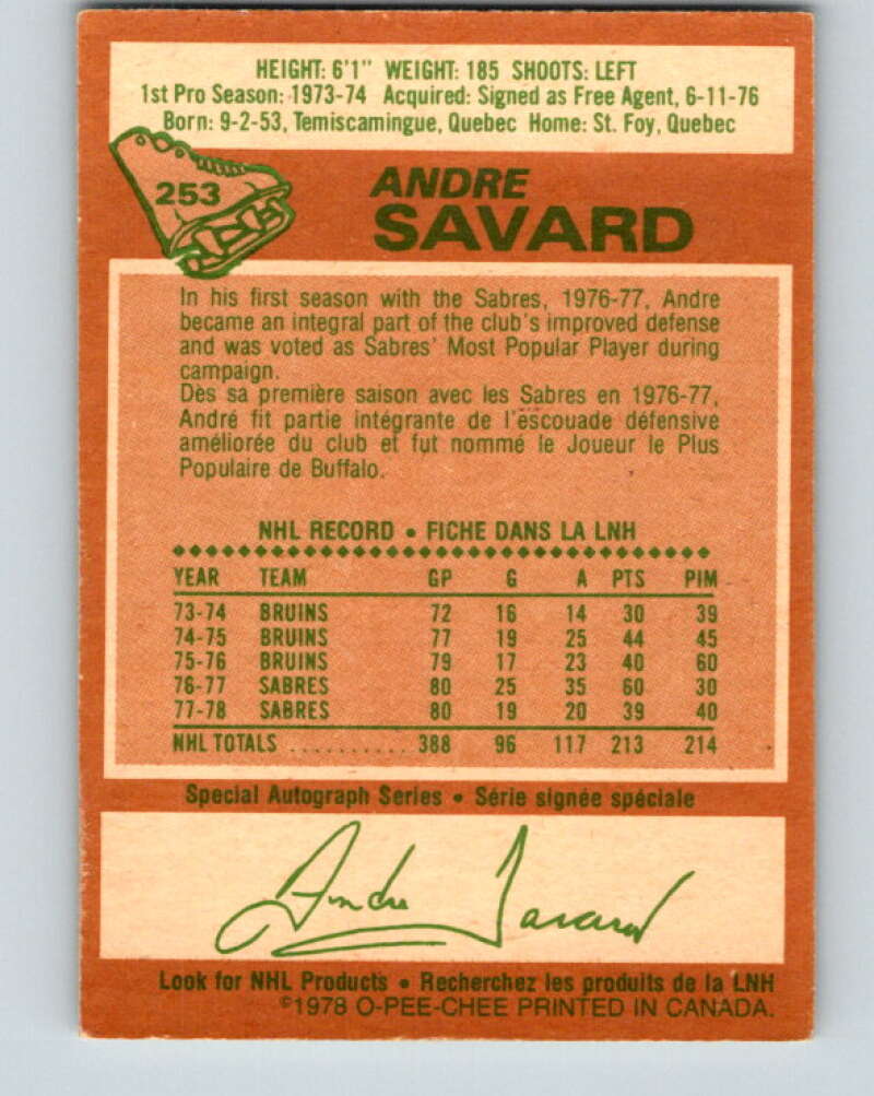 1978-79 O-Pee-Chee #253 Andre Savard  Buffalo Sabres  V24445