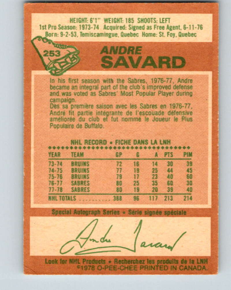 1978-79 O-Pee-Chee #253 Andre Savard  Buffalo Sabres  V24446