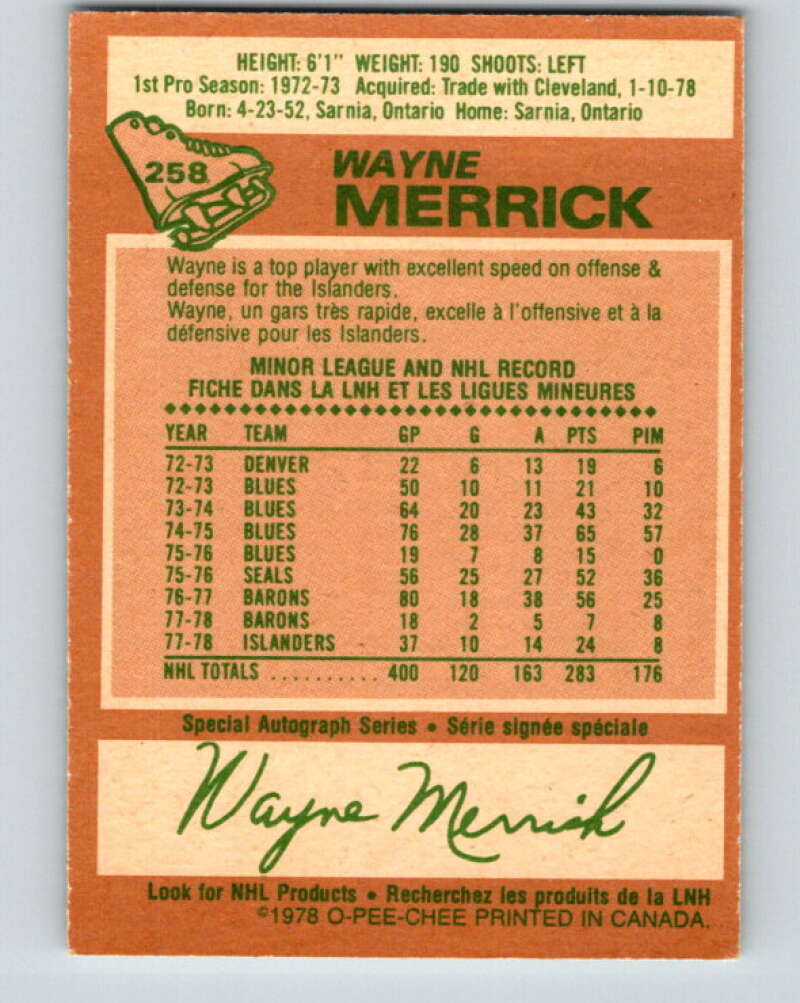 1978-79 O-Pee-Chee #258 Wayne Merrick  New York Islanders  V24501