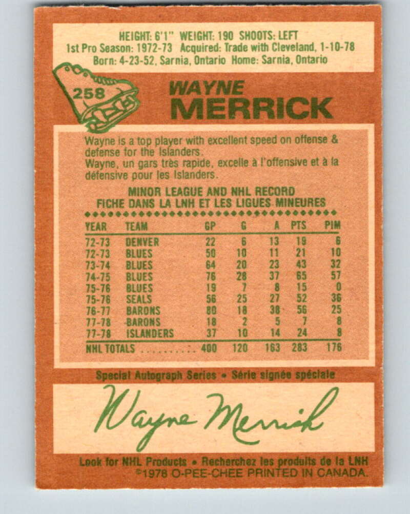 1978-79 O-Pee-Chee #258 Wayne Merrick  New York Islanders  V24502