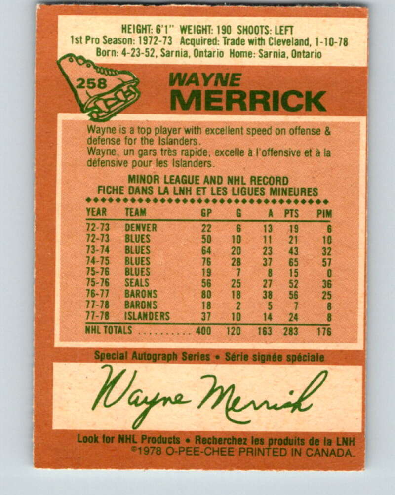 1978-79 O-Pee-Chee #258 Wayne Merrick  New York Islanders  V24503