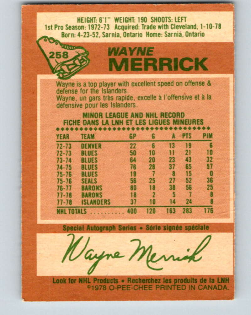 1978-79 O-Pee-Chee #258 Wayne Merrick  New York Islanders  V24504