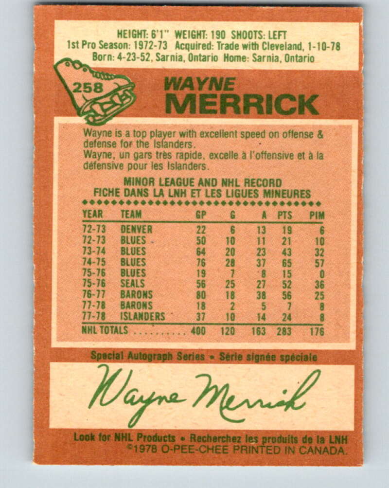 1978-79 O-Pee-Chee #258 Wayne Merrick  New York Islanders  V24510