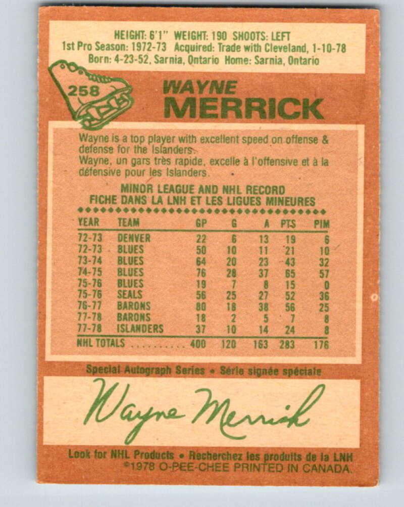 1978-79 O-Pee-Chee #258 Wayne Merrick  New York Islanders  V24511