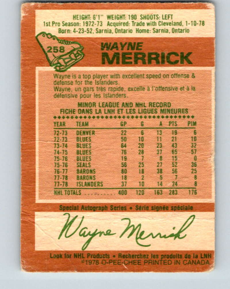 1978-79 O-Pee-Chee #258 Wayne Merrick  New York Islanders  V24512