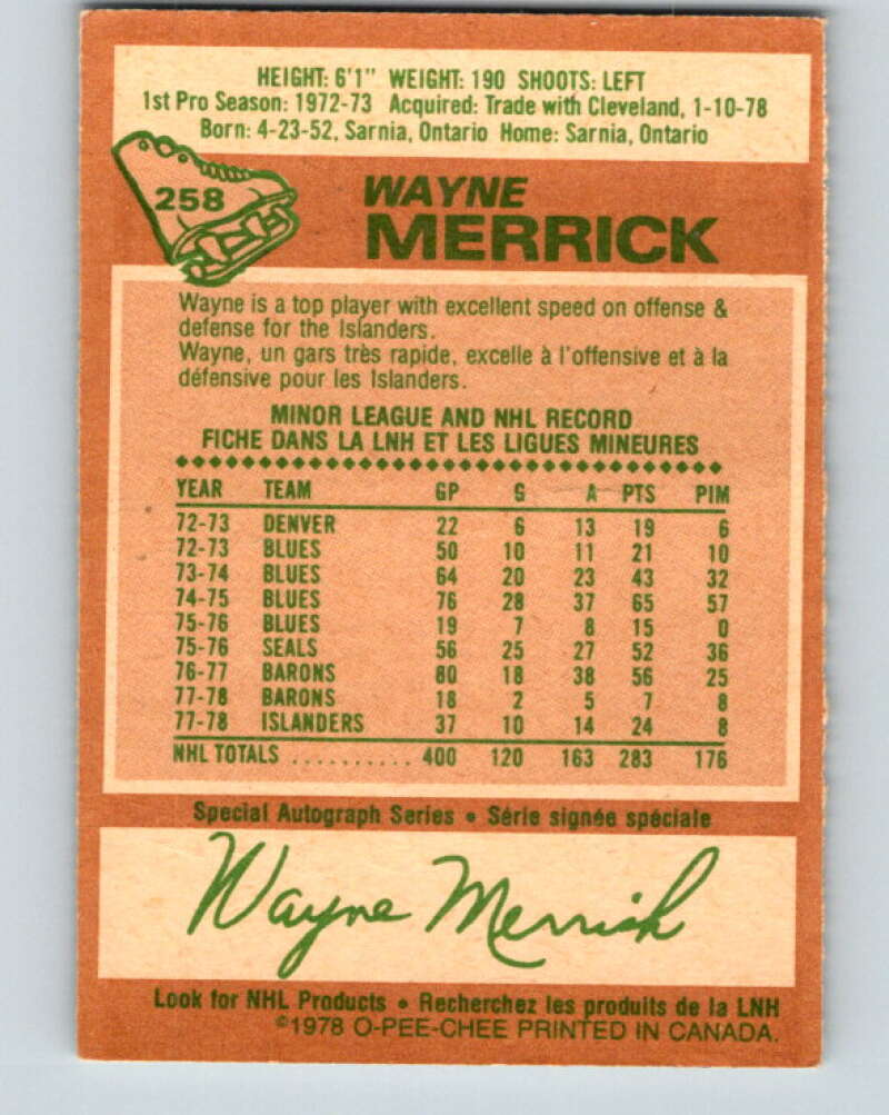 1978-79 O-Pee-Chee #258 Wayne Merrick  New York Islanders  V24513