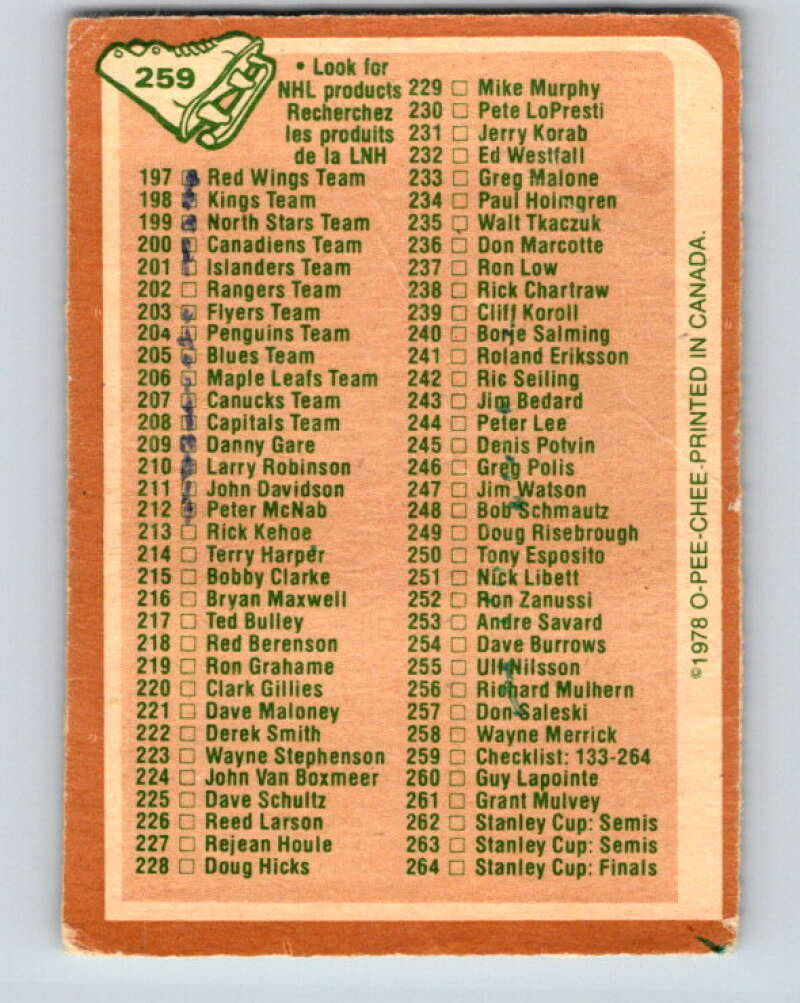 1978-79 O-Pee-Chee #259 Checklist   V24534