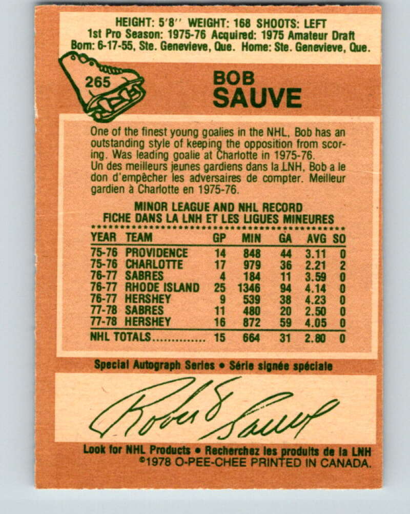 1978-79 O-Pee-Chee #265 Bob Sauve  Buffalo Sabres  V24600