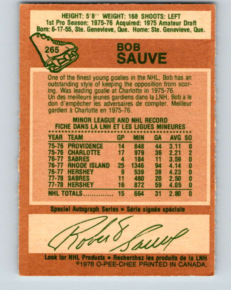 1978-79 O-Pee-Chee #265 Bob Sauve  Buffalo Sabres  V24601