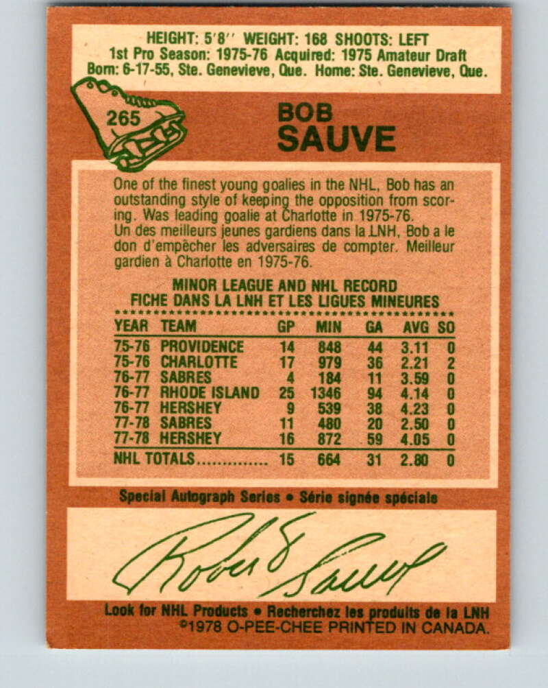 1978-79 O-Pee-Chee #265 Bob Sauve  Buffalo Sabres  V24605