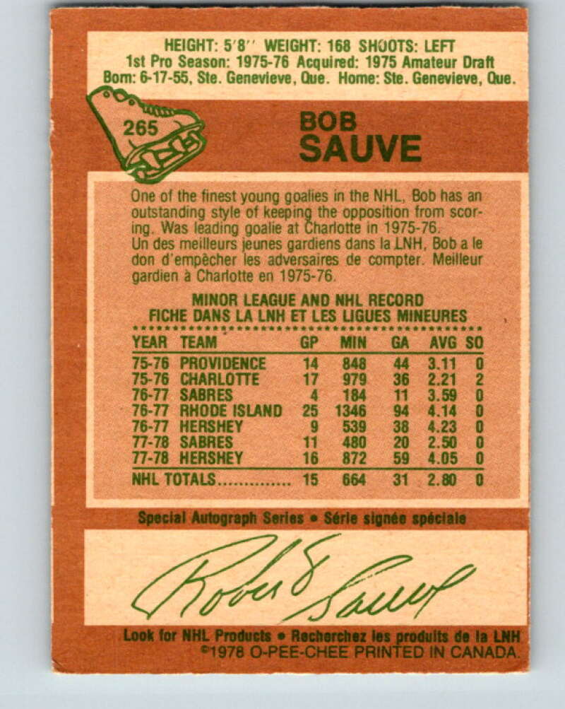 1978-79 O-Pee-Chee #265 Bob Sauve  Buffalo Sabres  V24607