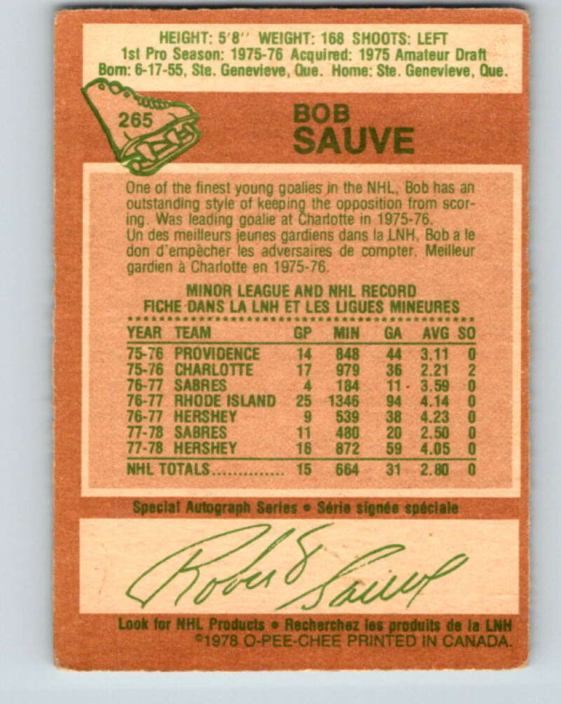 1978-79 O-Pee-Chee #265 Bob Sauve  Buffalo Sabres  V24608