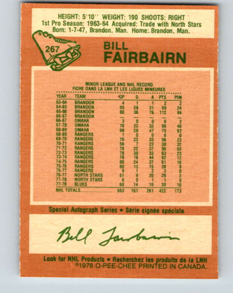 1978-79 O-Pee-Chee #267 Bill Fairbairn  St. Louis Blues  V24627