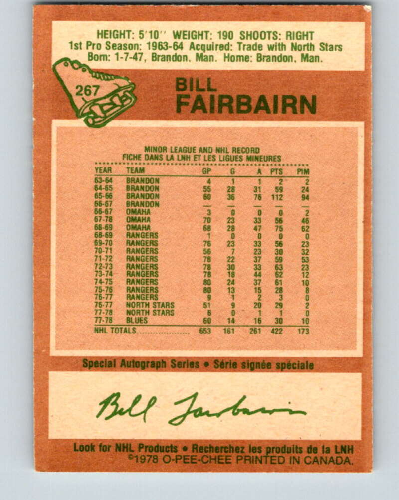 1978-79 O-Pee-Chee #267 Bill Fairbairn  St. Louis Blues  V24628