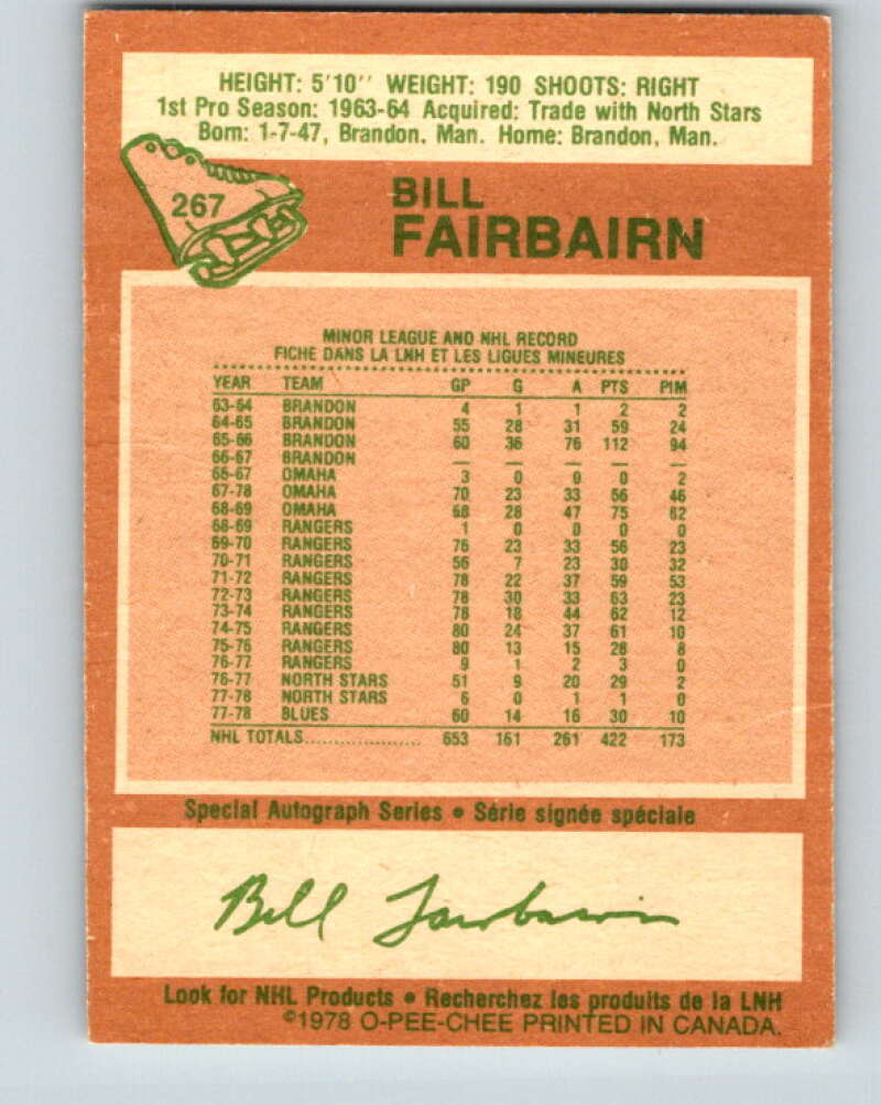 1978-79 O-Pee-Chee #267 Bill Fairbairn  St. Louis Blues  V24629