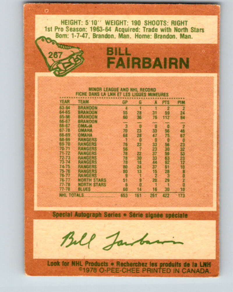 1978-79 O-Pee-Chee #267 Bill Fairbairn  St. Louis Blues  V24631