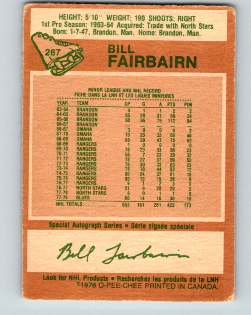1978-79 O-Pee-Chee #267 Bill Fairbairn  St. Louis Blues  V24632
