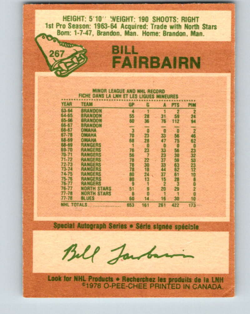 1978-79 O-Pee-Chee #267 Bill Fairbairn  St. Louis Blues  V24638