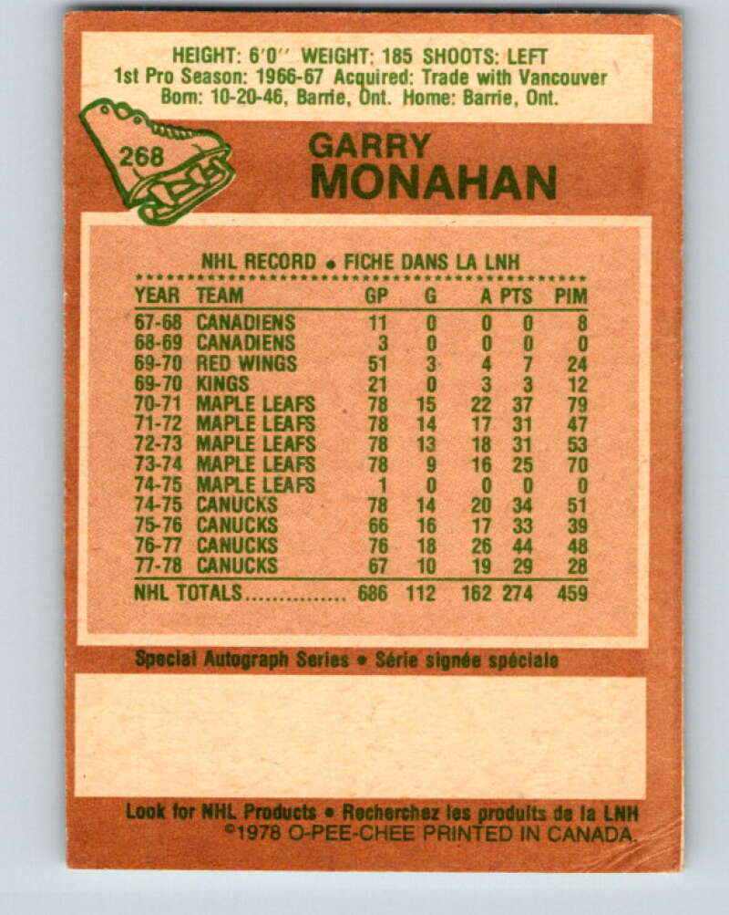 1978-79 O-Pee-Chee #268 Garry Monahan  Toronto Maple Leafs  V24639