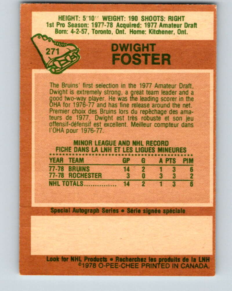 1978-79 O-Pee-Chee #271 Dwight Foster  RC Rookie Boston Bruins  V24668