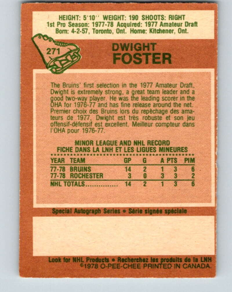 1978-79 O-Pee-Chee #271 Dwight Foster  RC Rookie Boston Bruins  V24675