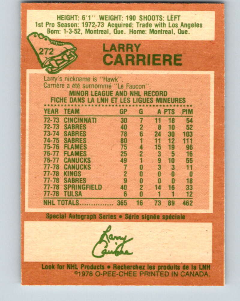 1978-79 O-Pee-Chee #272 Larry Carriere  Buffalo Sabres  V24685