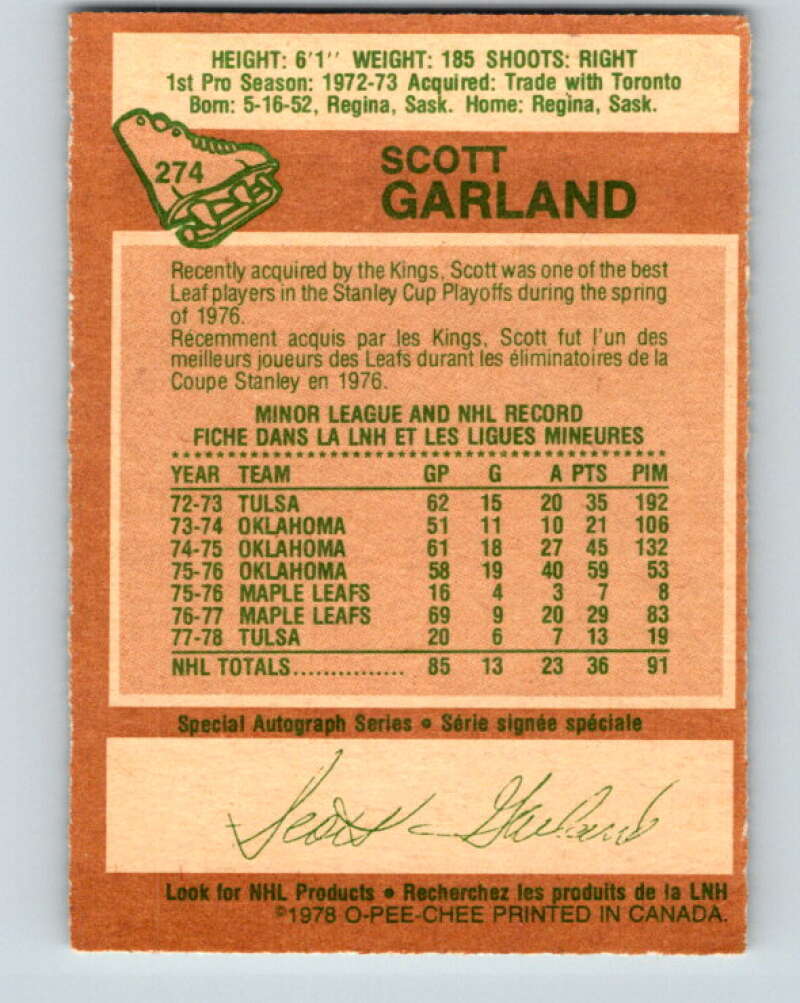1978-79 O-Pee-Chee #274 Scott Garland  Los Angeles Kings  V24717