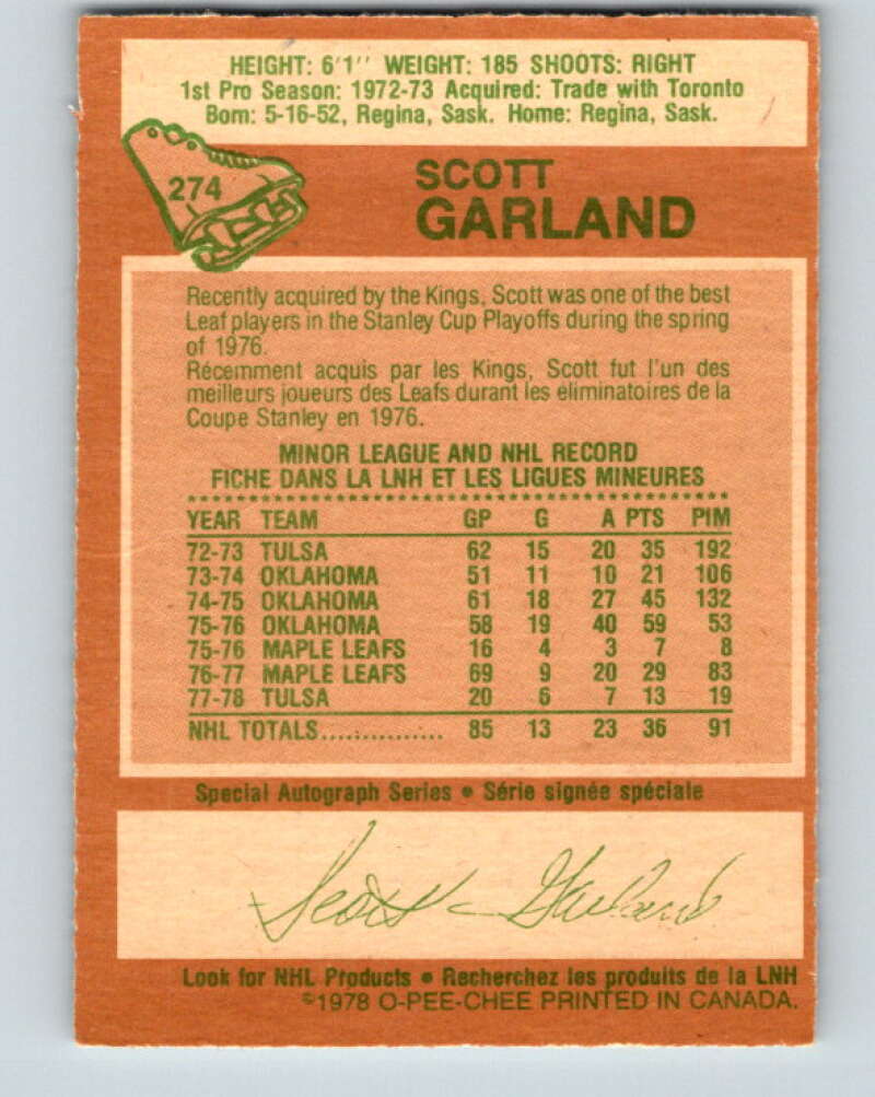 1978-79 O-Pee-Chee #274 Scott Garland  Los Angeles Kings  V24718