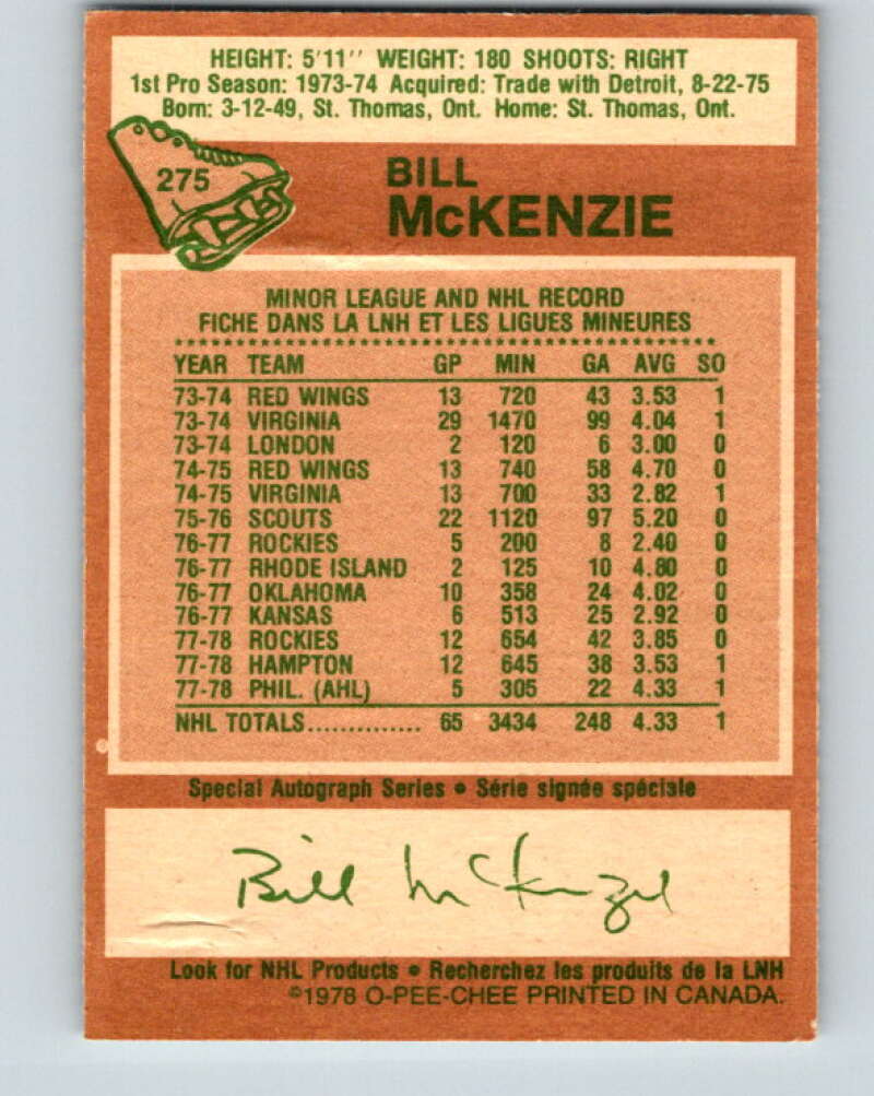 1978-79 O-Pee-Chee #275 Bill McKenzie  Colorado Rockies  V24725