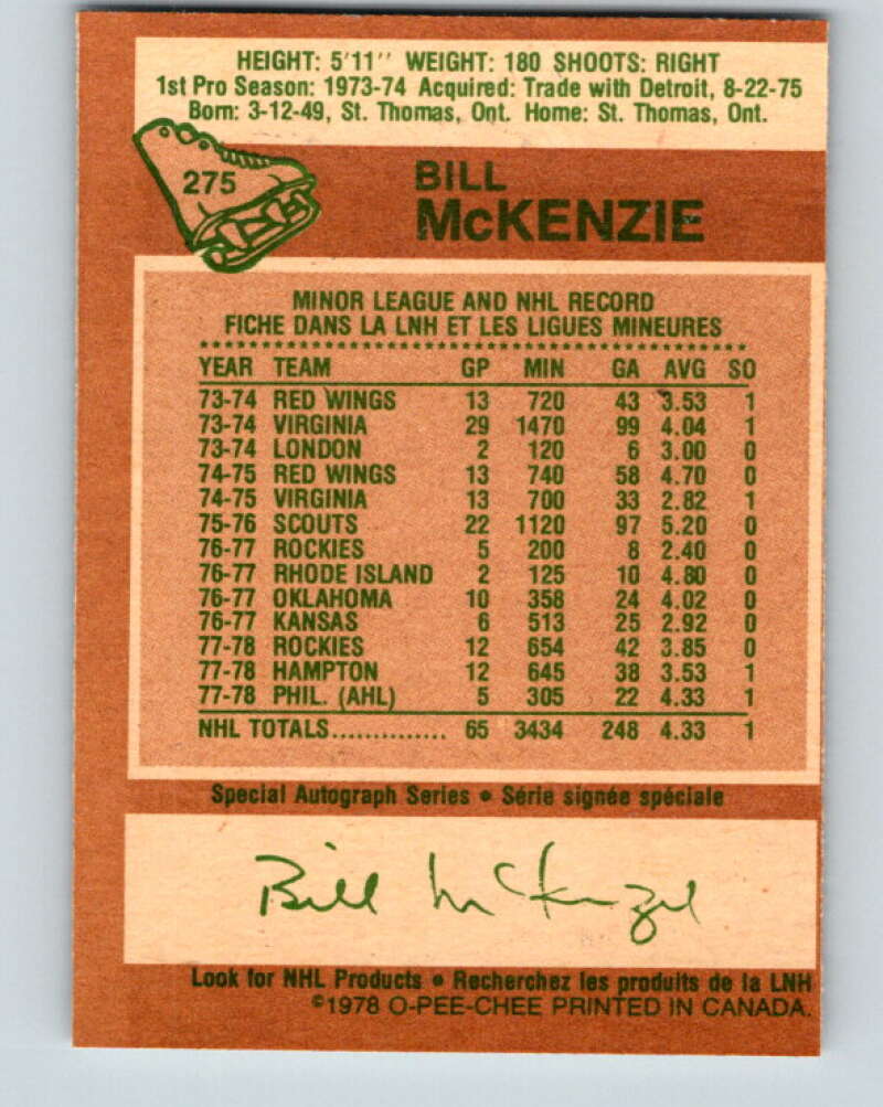 1978-79 O-Pee-Chee #275 Bill McKenzie  Colorado Rockies  V24729
