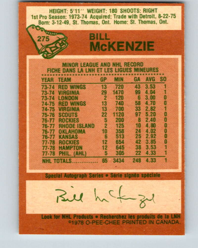 1978-79 O-Pee-Chee #275 Bill McKenzie  Colorado Rockies  V24731