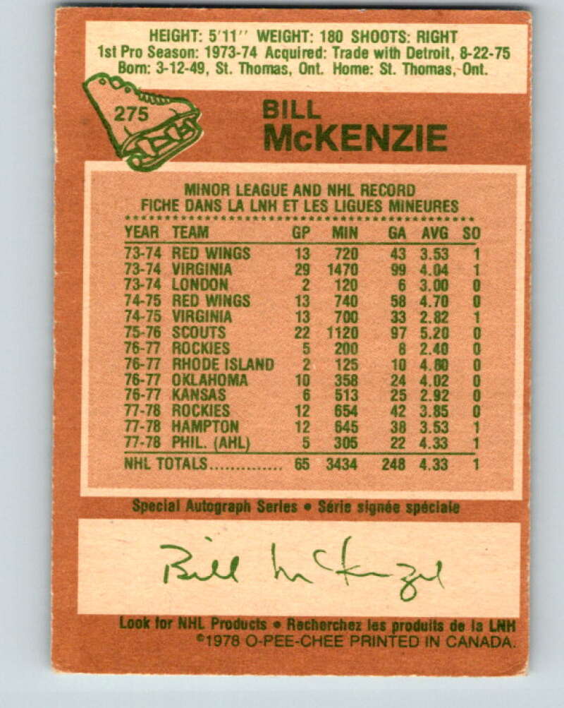 1978-79 O-Pee-Chee #275 Bill McKenzie  Colorado Rockies  V24733