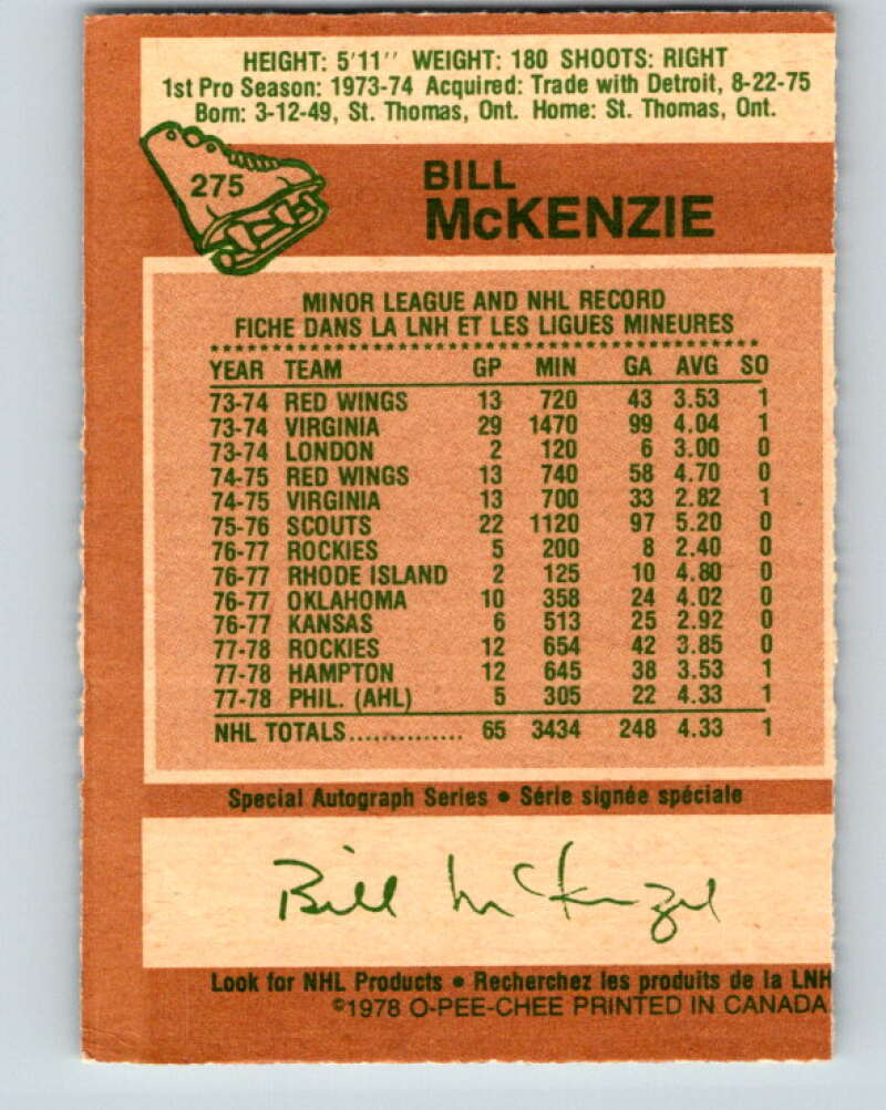 1978-79 O-Pee-Chee #275 Bill McKenzie  Colorado Rockies  V24734
