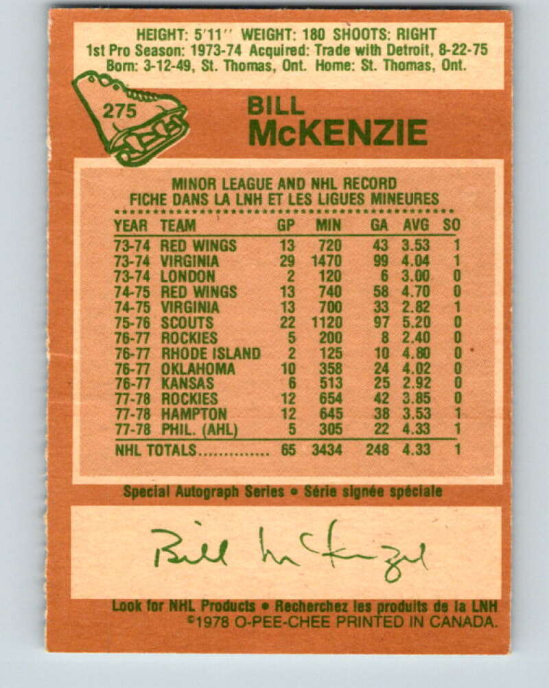 1978-79 O-Pee-Chee #275 Bill McKenzie  Colorado Rockies  V24737