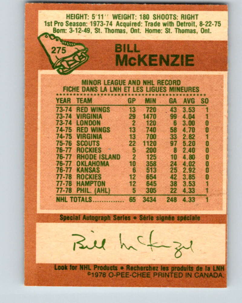 1978-79 O-Pee-Chee #275 Bill McKenzie  Colorado Rockies  V24740