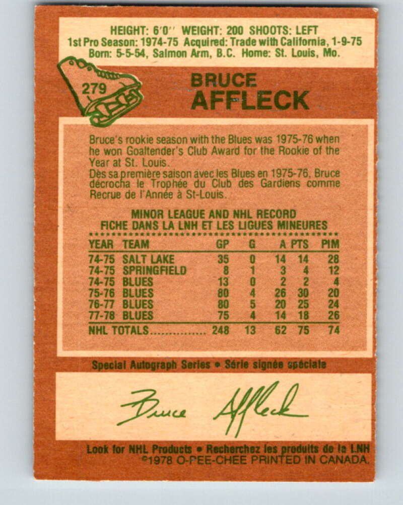 1978-79 O-Pee-Chee #279 Bruce Affleck  St. Louis Blues  V24776