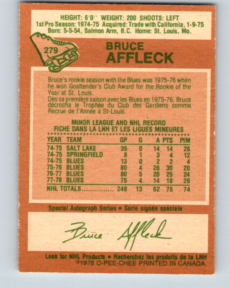 1978-79 O-Pee-Chee #279 Bruce Affleck  St. Louis Blues  V24787