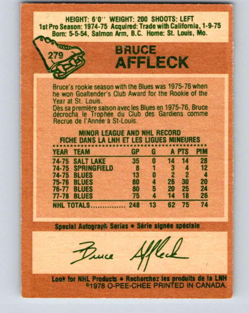 1978-79 O-Pee-Chee #279 Bruce Affleck  St. Louis Blues  V24788