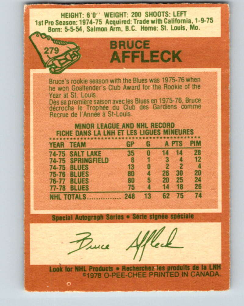 1978-79 O-Pee-Chee #279 Bruce Affleck  St. Louis Blues  V24792