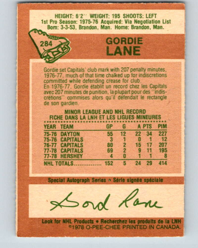 1978-79 O-Pee-Chee #284 Gord Lane  Washington Capitals  V24861