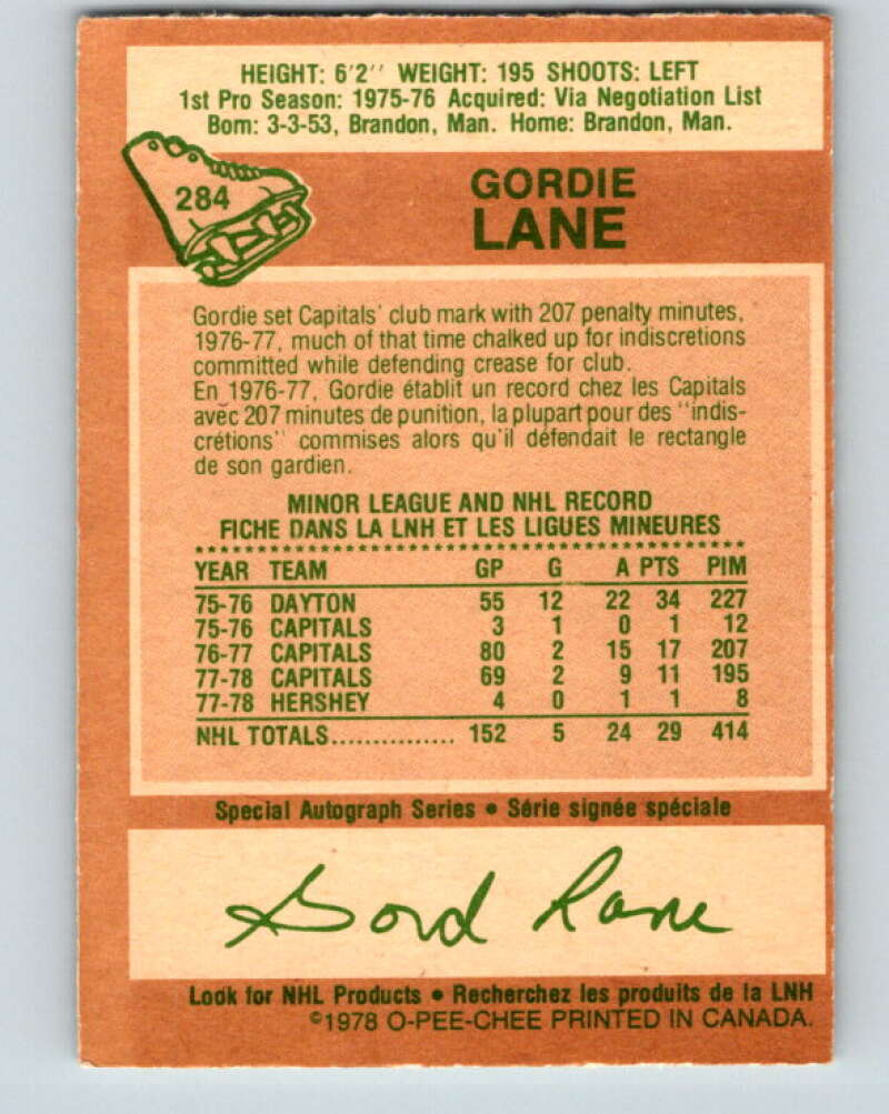1978-79 O-Pee-Chee #284 Gord Lane  Washington Capitals  V24864