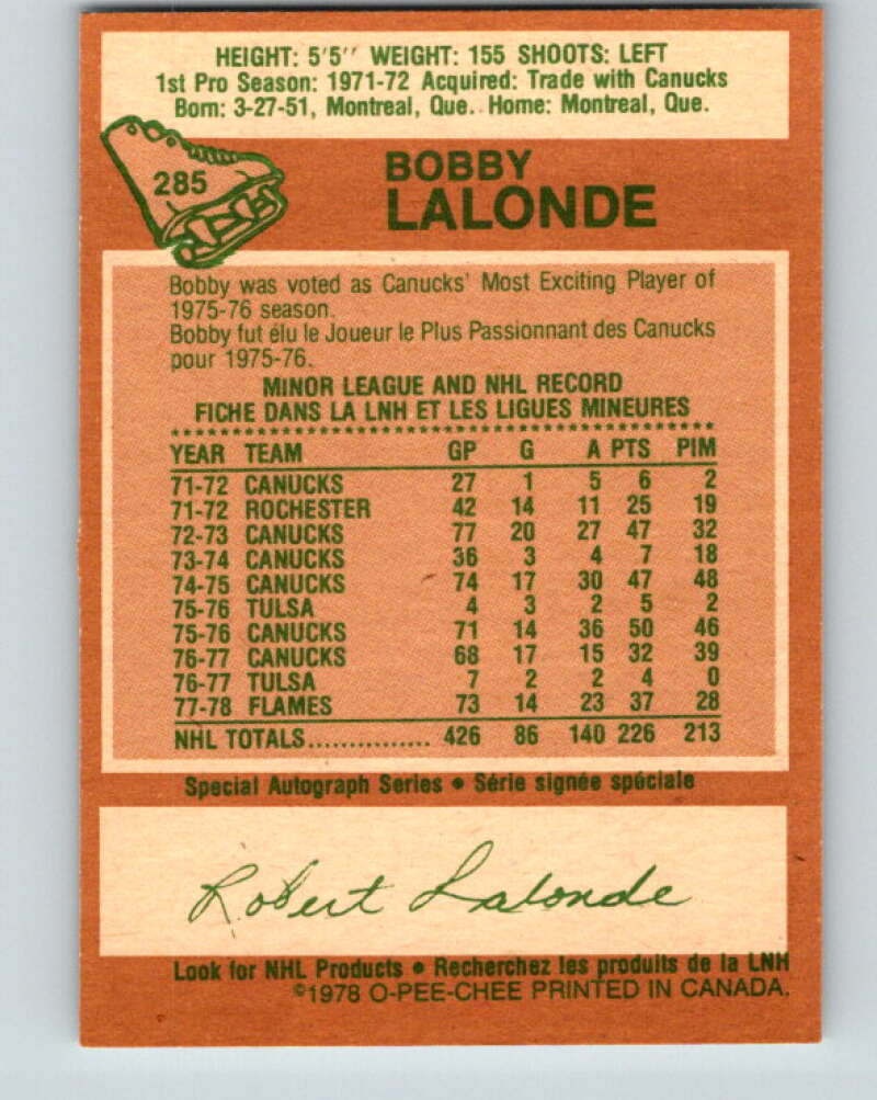 1978-79 O-Pee-Chee #285 Bobby Lalonde  Atlanta Flames  V24875