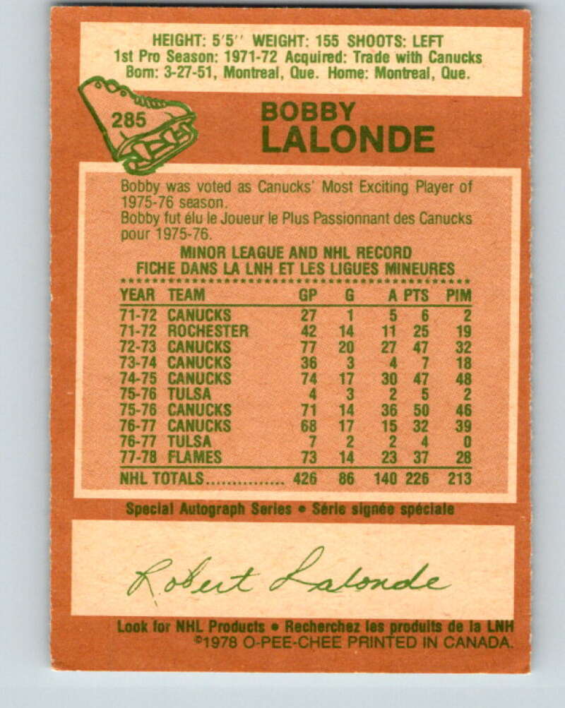 1978-79 O-Pee-Chee #285 Bobby Lalonde  Atlanta Flames  V24881