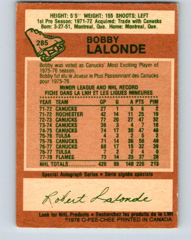 1978-79 O-Pee-Chee #285 Bobby Lalonde  Atlanta Flames  V24884