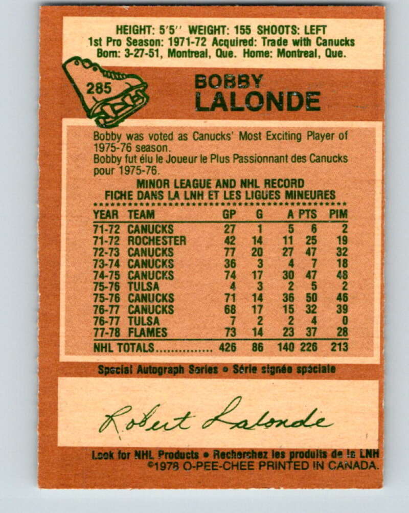 1978-79 O-Pee-Chee #285 Bobby Lalonde  Atlanta Flames  V24886