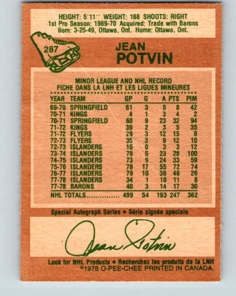 1978-79 O-Pee-Chee #287 Jean Potvin  Minnesota North Stars  V24917